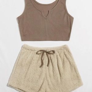 Crop tank with teddy fuzzy shorts lounge set